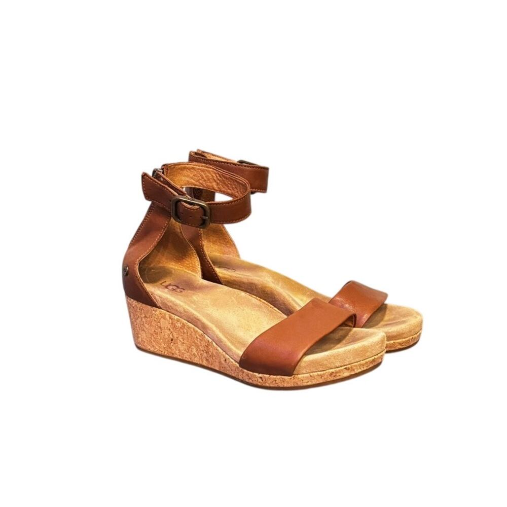 UGG Zoe II Brown Leather Cork Wedge Sandals Womens 7.5 Ankle Strap Zip Back Boho - Picture 1 of 9